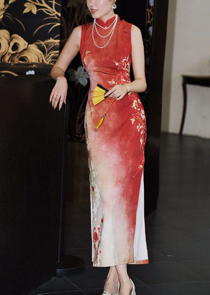 Long Dresses Fit Red Print Open Collar Stand Side Slim Silk