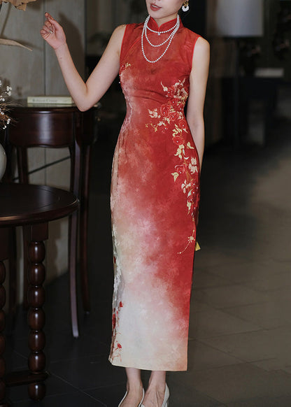Long Dresses Fit Red Print Open Collar Stand Side Slim Silk