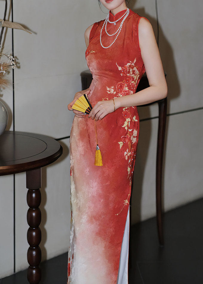 Long Dresses Fit Red Print Open Collar Stand Side Slim Silk