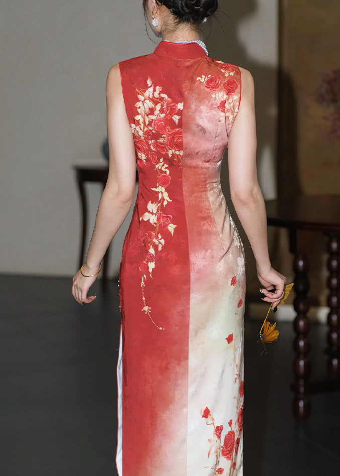 Long Dresses Fit Red Print Open Collar Stand Side Slim Silk