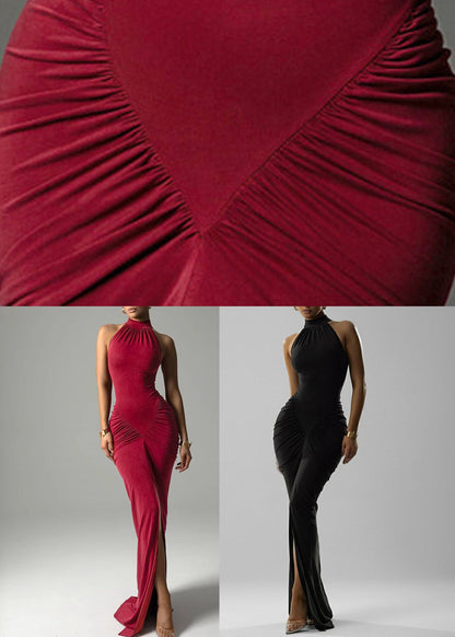 Red Sleeveless Slim Cotton Open Fit Side Dress Wrinkled Long