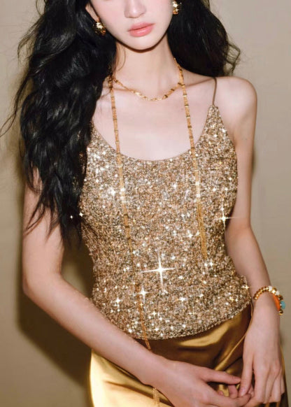 Slim Sleeveless Vest Silver Spaghetti Backless Sequins Fit Strap