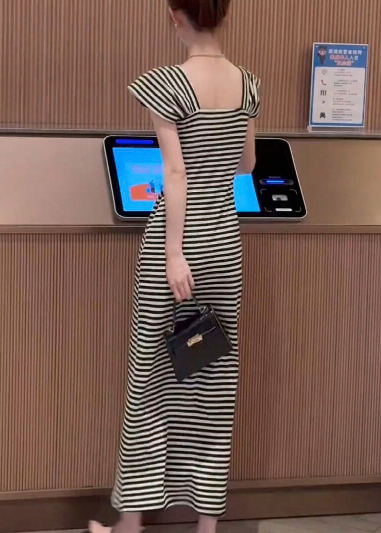 Fit Pockets Dresses Slim Long Square Summer Striped Collar Cotton