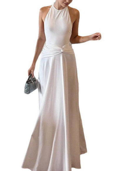 White Sleeveless Backless Ankle Slim Fit Cotton Dress