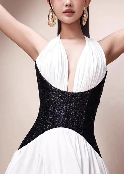Fit Patchwork Backless Dress Long Sleeveless Slim White