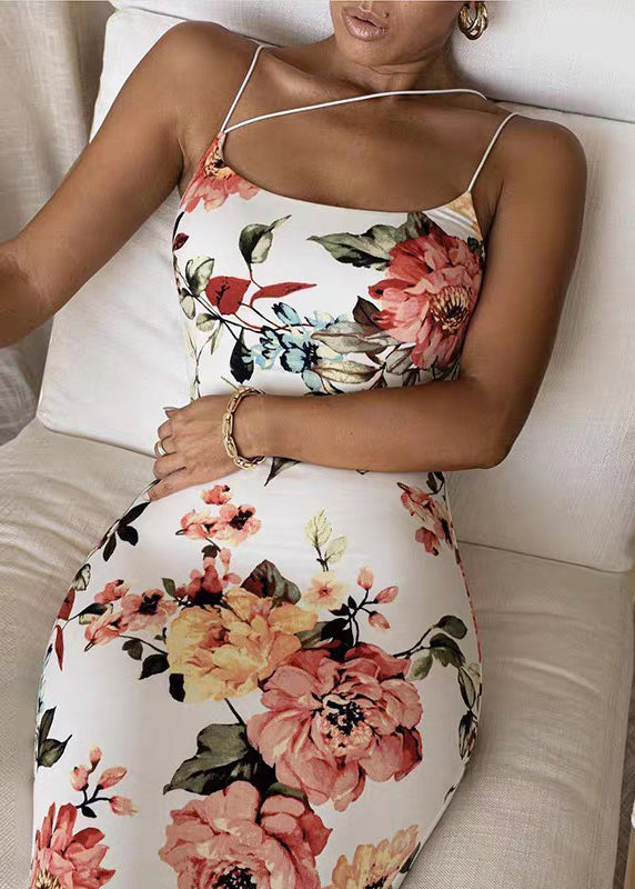 Dress White Slim Cold Shoulder Cotton Strap Spaghetti Print Fit