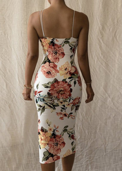 Dress White Slim Cold Shoulder Cotton Strap Spaghetti Print Fit