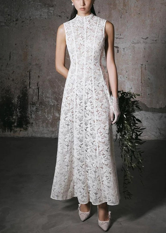 Dress High Lace Waist Fit Long White Sleeveless Slim Solid