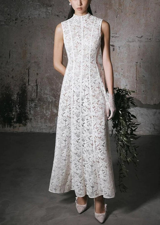 Dress High Lace Waist Fit Long White Sleeveless Slim Solid