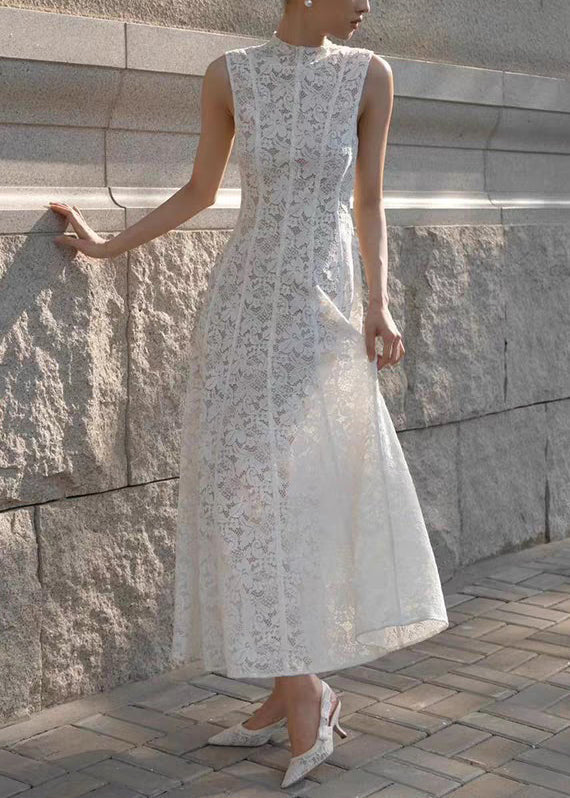 Dress High Lace Waist Fit Long White Sleeveless Slim Solid