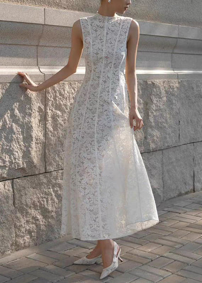 Dress High Lace Waist Fit Long White Sleeveless Slim Solid