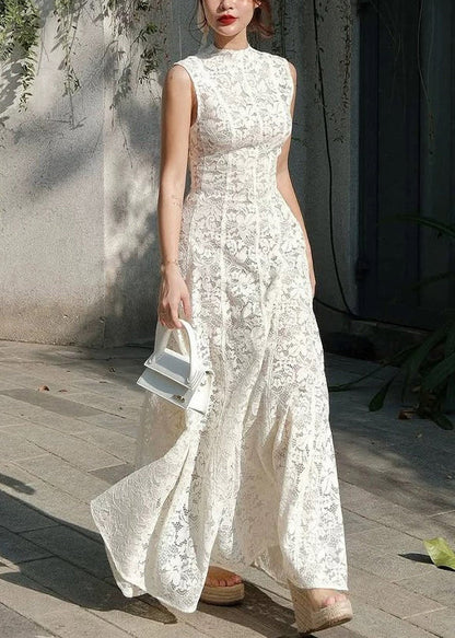 Dress High Lace Waist Fit Long White Sleeveless Slim Solid