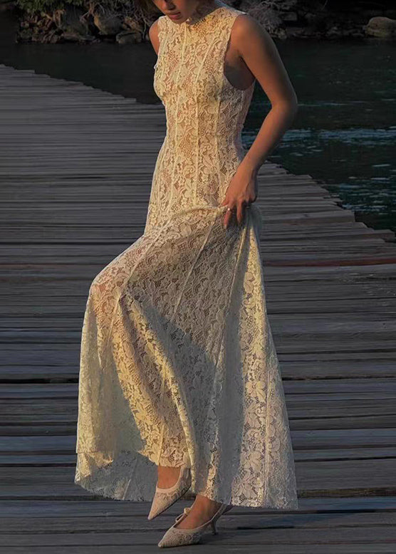 Dress High Lace Waist Fit Long White Sleeveless Slim Solid