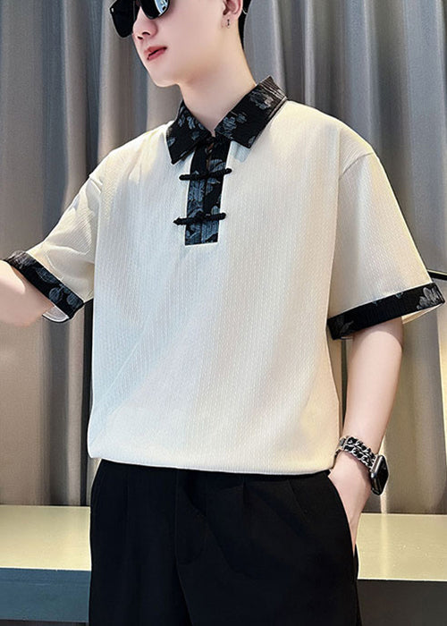 White Cotton Button Print Slim Shirts Patchwork Men Polo Fit