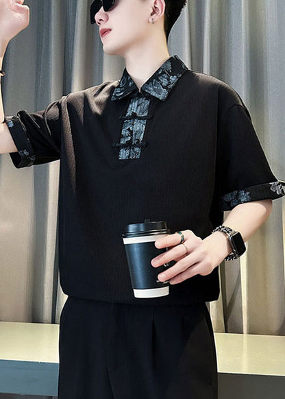 White Cotton Button Print Slim Shirts Patchwork Men Polo Fit