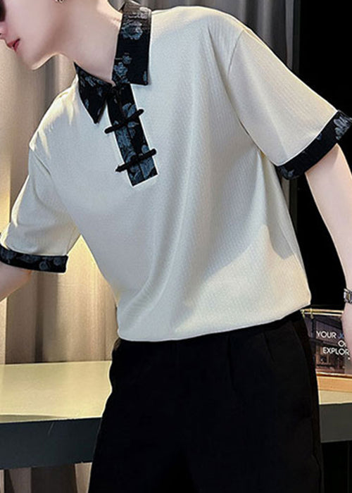 White Cotton Button Print Slim Shirts Patchwork Men Polo Fit