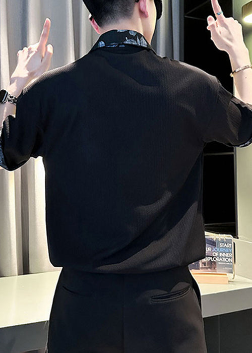 White Cotton Button Print Slim Shirts Patchwork Men Polo Fit