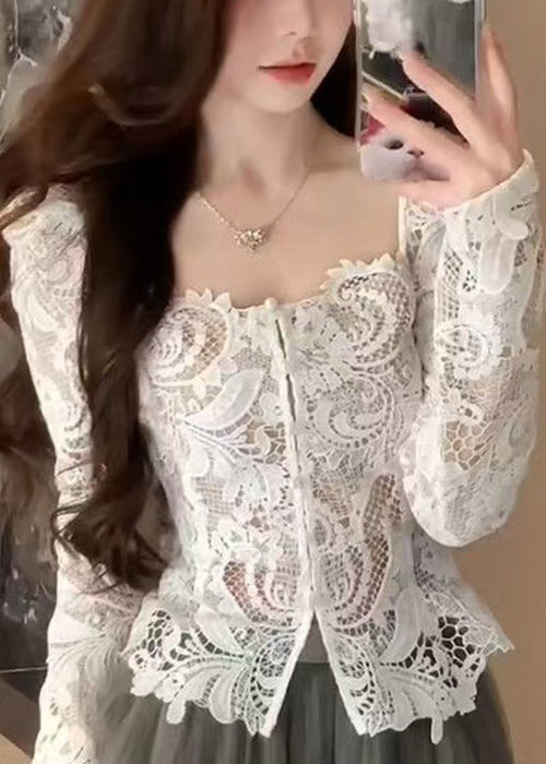 Lace Slim Out Fall Collar Fit Hollow Square White Shirt