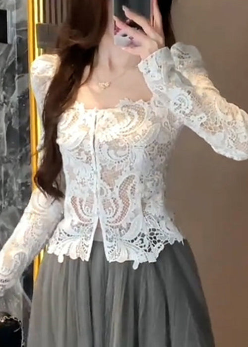 Lace Slim Out Fall Collar Fit Hollow Square White Shirt