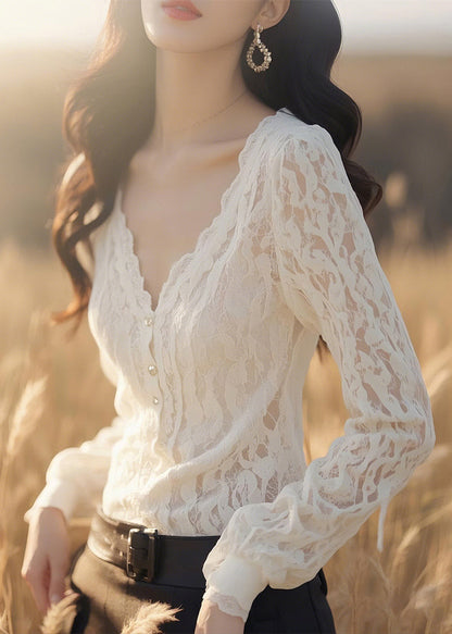 Neck Button White Blouses Fit Slim V Lace Fall Solid