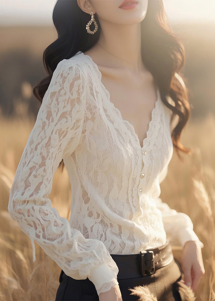Neck Button White Blouses Fit Slim V Lace Fall Solid