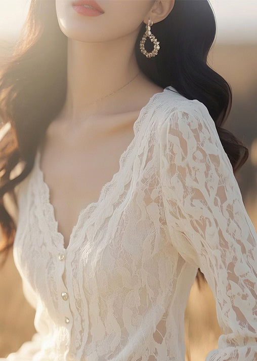 Neck Button White Blouses Fit Slim V Lace Fall Solid