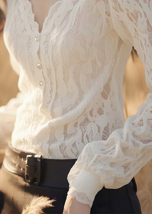Neck Button White Blouses Fit Slim V Lace Fall Solid