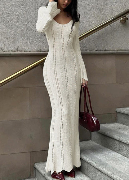 White Dress Spring V Knit Neck Hollow Slim Out Long Fit