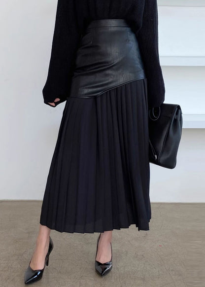 Wrinkled Faux Leather High Patchwork Waist Fit Skirt White Slim