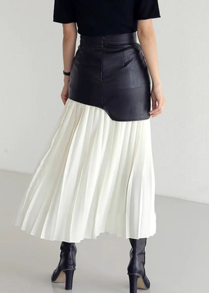 Wrinkled Faux Leather High Patchwork Waist Fit Skirt White Slim