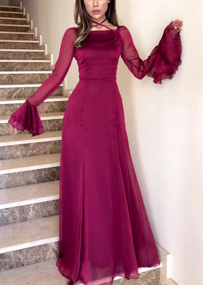 Slim Fit Weinrotes Kleid aus Chiffon mit quadratischem Kragen und ausgestellten Ärmeln QL015