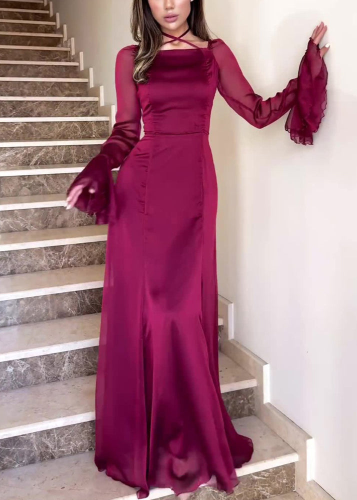 Slim Fit Weinrotes Kleid aus Chiffon mit quadratischem Kragen und ausgestellten Ärmeln QL015