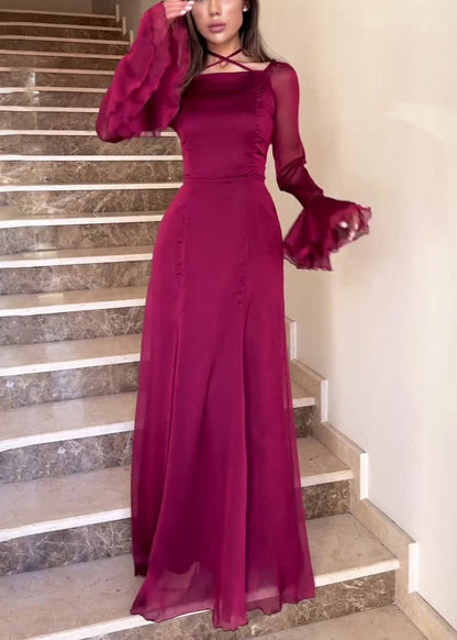 Slim Fit Weinrotes Kleid aus Chiffon mit quadratischem Kragen und ausgestellten Ärmeln QL015