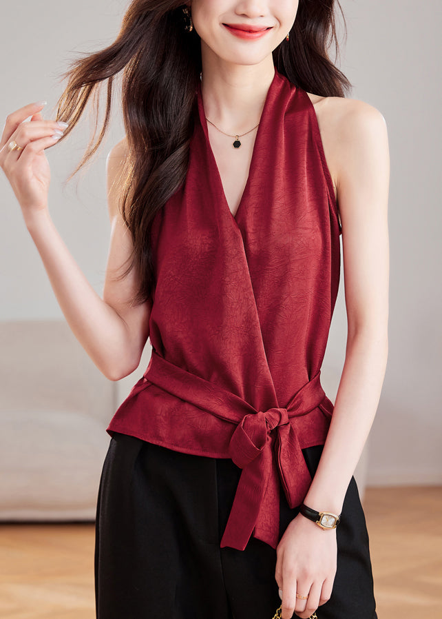 Fit Slim Tank Sleeveless Silk Red Wine Tie Waist V Neck
