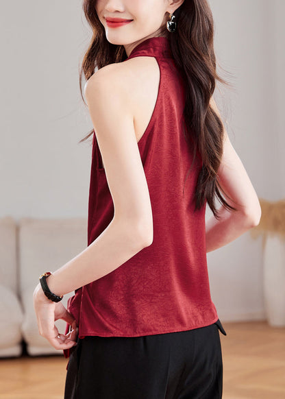 Fit Slim Tank Sleeveless Silk Red Wine Tie Waist V Neck