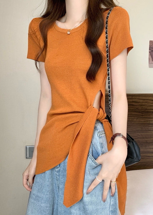 Slim Fit Summer Hollow Bow Asymmetrical Top O-Neck Out Yellow