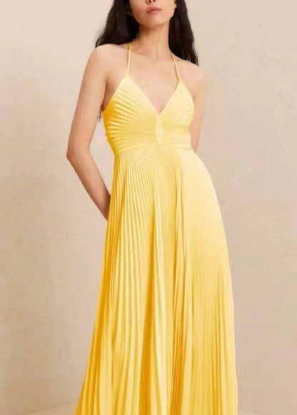 Slim Fit Yellow V Neck Wrinkled Cotton Spaghetti Strap Dress Sleeveless WW1059