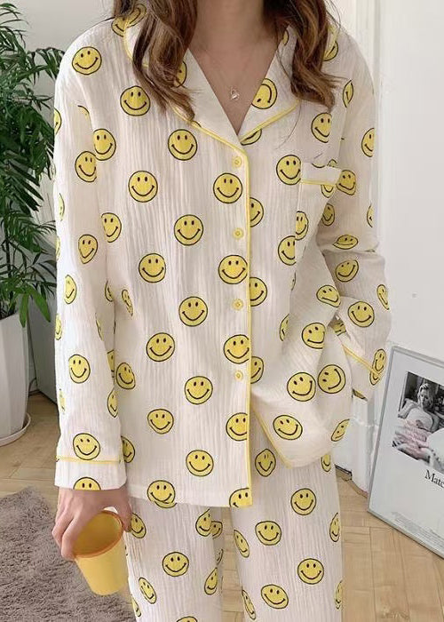 Long Sleeve Pajama Cotton Notched Print Sets Smile