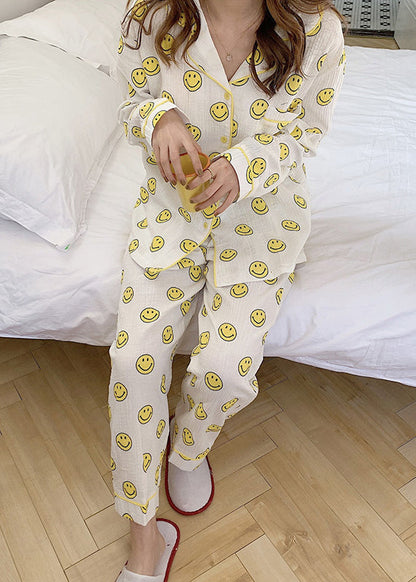 Long Sleeve Pajama Cotton Notched Print Sets Smile