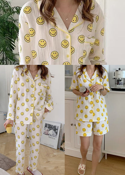 Long Sleeve Pajama Cotton Notched Print Sets Smile