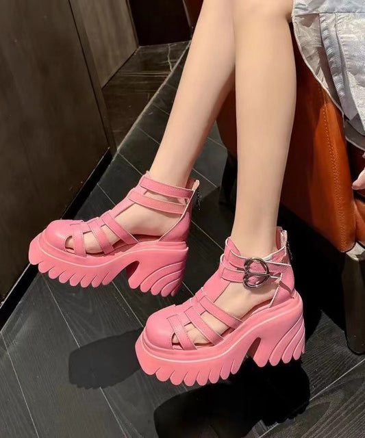 Weiche, ausgehöhlte, klobige Sandalen aus rosa Rindsleder JJ071