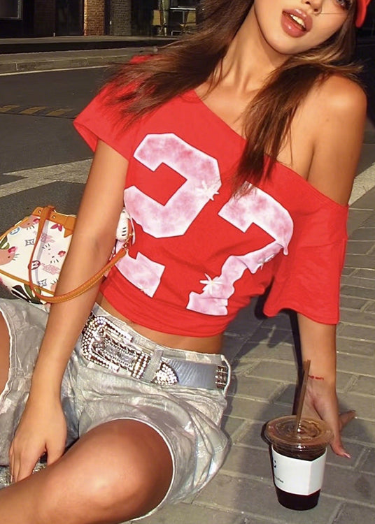 Print T Shoulder Cotton Shirt Streetwear Cold Summer Red