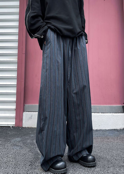 Wide Striped Leg Pockets Cotton Pants Waist Elastic Mens Black