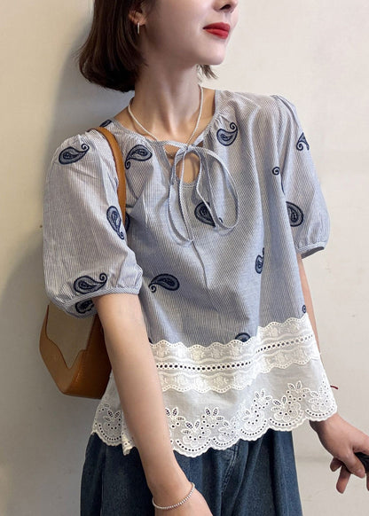 Cotton Blue Striped Blouse Hollow Patchwork Embroidered Out