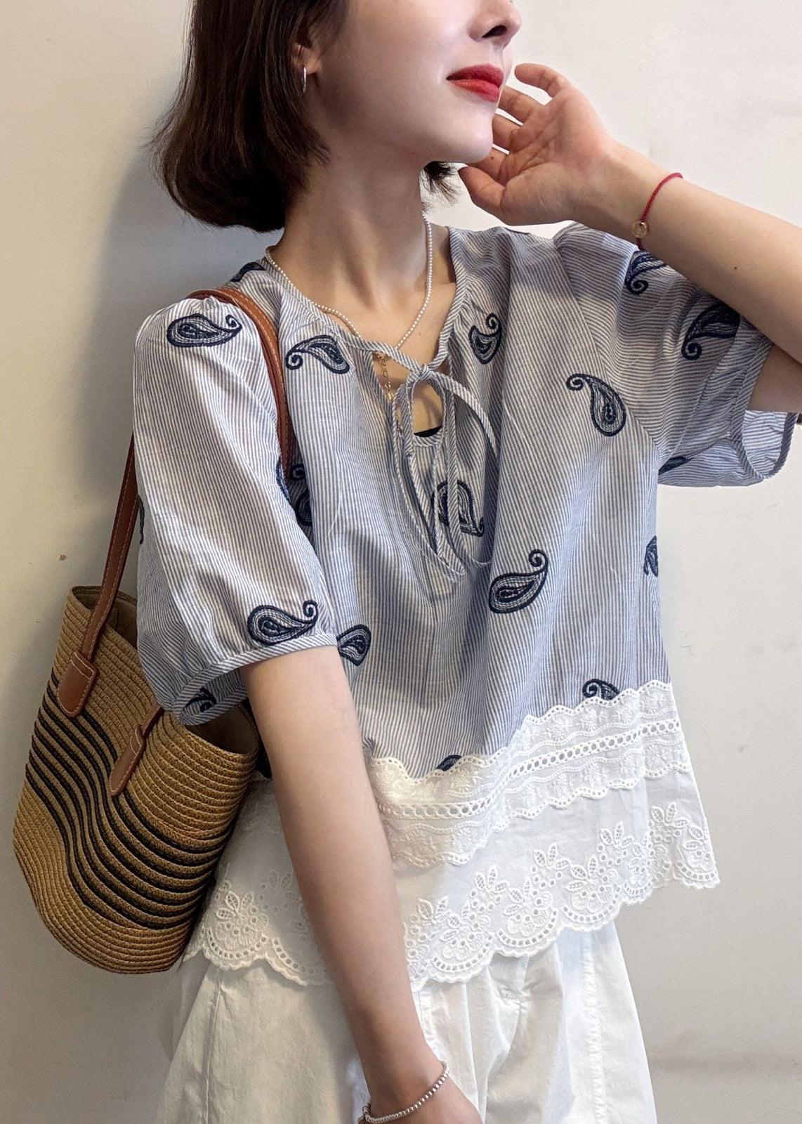 Cotton Blue Striped Blouse Hollow Patchwork Embroidered Out