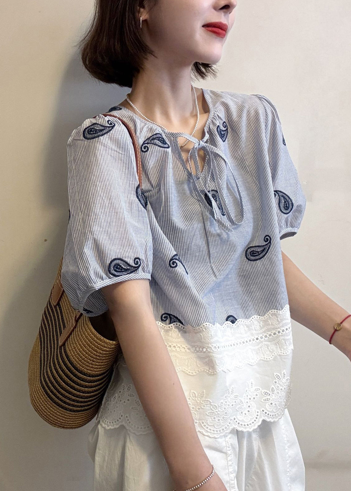 Cotton Blue Striped Blouse Hollow Patchwork Embroidered Out