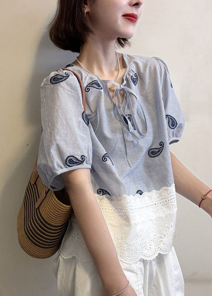 Cotton Blue Striped Blouse Hollow Patchwork Embroidered Out