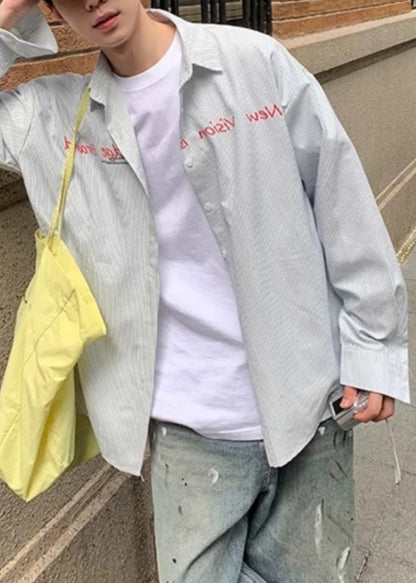 Cotton Men Shirts Striped Collar Blue Letter Spring Peter Pan