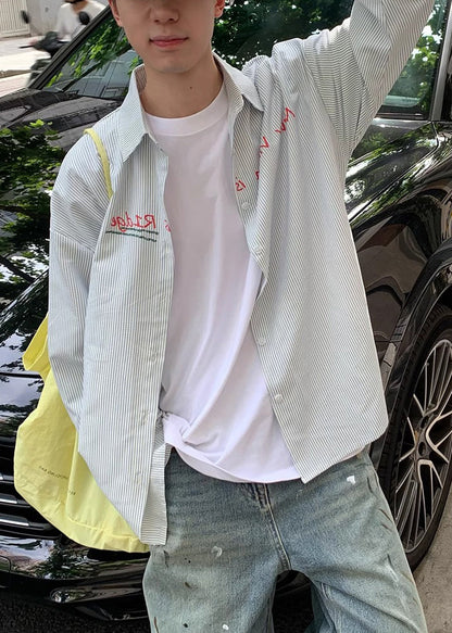 Cotton Men Shirts Striped Collar Blue Letter Spring Peter Pan