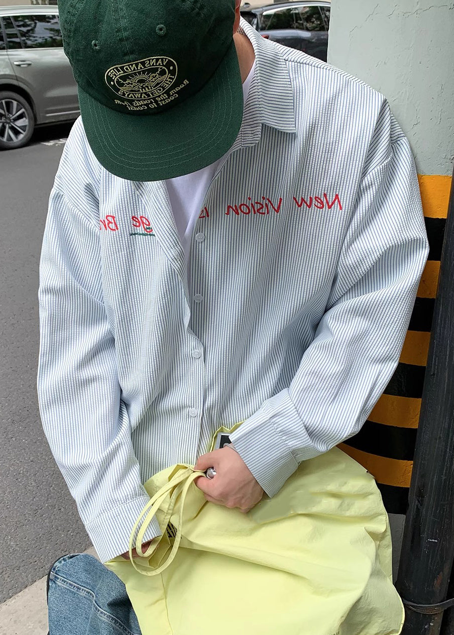 Cotton Men Shirts Striped Collar Blue Letter Spring Peter Pan